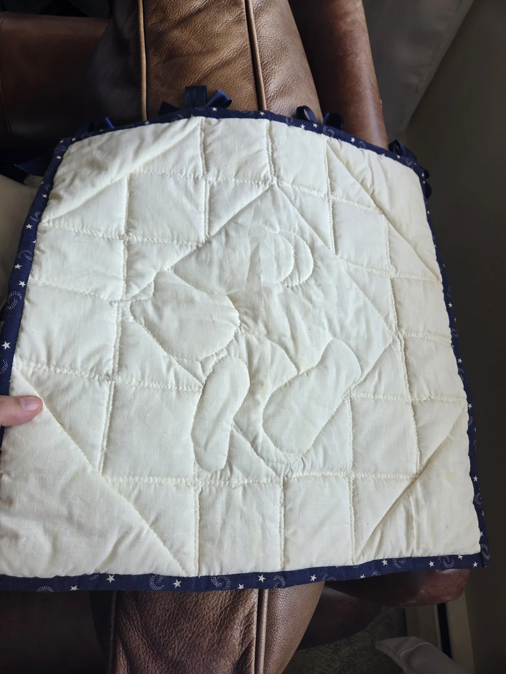 Handmade Patchwork Bear And Moon Tapestry in Navy and Brown